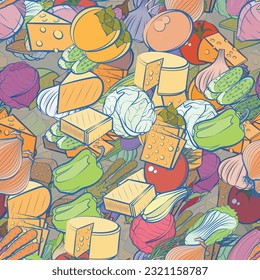 Background pattern abstract design texture. Seamless. Health food and Cheeses. Theme is about Caucasian, bitter, white, eggplant, vitamins, pimples, peel, whole garlic, zucchini, Chinese cabbage