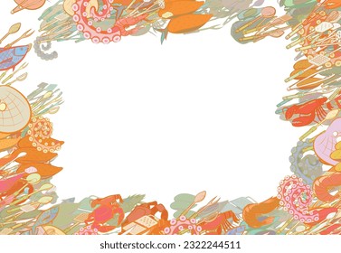 Background pattern abstract design texture. Seafood and Cutlery. Border frame, transparent background. Theme is about mussels, meat hammer, grater, yummy, octopus, shell, kitchen knife, holes