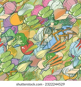 Background pattern abstract design texture. Seamless. Tennis and Health food. Theme is about vitamins, tomato, shell, white, vitamin C, in the leaves, pimples, lathing, carrot, peel, a stack