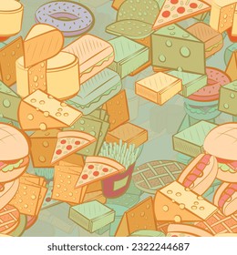 Background pattern abstract design texture. Seamless. American food and Cheeses. Theme is about french fries, meat, stripes, hard cheese, chunks, cut, potato, piece, chunk a piece, thinly sliced