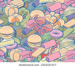 Background pattern abstract design texture. Seamless. Bakery products and American food. Theme is about saturated with filling, fried, baklava, a stack, cheesecake, lush, pizza, a sandwich