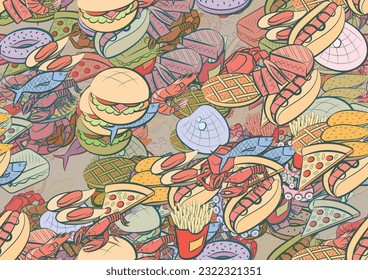 Background pattern abstract design texture. Seamless. Seafood and American food. Theme is about lobster, tentacle, American cake, topping, sea, piece, octopus, yummy, claws, crab, cut