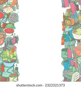 Background pattern abstract design texture. Snacks and Alcohol. Vertical seamless stripes. Border frame, transparent background. Theme is about crab meat, for ladies, women's cocktail, pancake