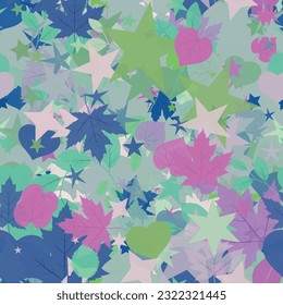 Background pattern abstract design texture. Seamless. Theme is about shapes, relations, effects, garden, botany, maple, linden, natural, stars, greenery, parks, birch, composition, romance