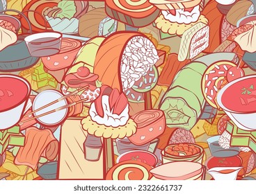 Background pattern abstract design texture. Seamless. Snacks and Japanese food. Theme is about meat, cake, delivery, bottles, vitamins, sauce bottle, lettuce leaf, caramel, salmon, fish