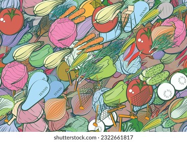Background pattern abstract design texture. Seamless. Tennis and Health food. Theme is about netting, zucchini, vitamin C, pods, washed, cucumbers, healthy food, persimmon, vitamins, vegetables