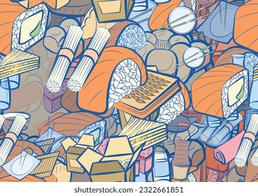 Background pattern abstract design texture. Seamless. Japanese food and Bakery products. Theme is about bamboo mat, strudel, cheesecake, round, lush, bakery, a stack, sennit, waffles, soba