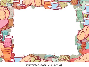 Background pattern abstract design texture. Drinks and Bakery products. Border frame, transparent background. Theme is about sennit, round, compote, waffles, thread, cup, slice, molded, aluminum