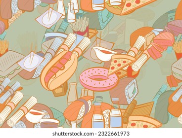 Background pattern abstract design texture. Seamless. American food and Japanese food. Theme is about soy sauce, french fries, cutlet, kyusu, meat, American cake, sauce cup, sushi salmon