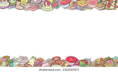 Background pattern abstract design texture. Snacks and Cutlery. Horizontal seamless stripes. Border frame, transparent background. Theme is about cucumber, caviar, sugar, star, ladle, grater