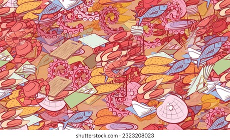 Background pattern abstract design texture. Seamless. Seafood and Table setting. Theme is about container, shrimp, crab, cheese, spoon, big, sea, oceanic, squid, plate, knife, pepper pot