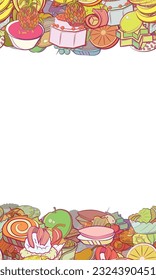 Background pattern abstract design texture. Fruits and Snacks. Horizontal seamless stripes. Border frame, transparent background. Theme is about star, vitamins, marshmallows, spiral, branch