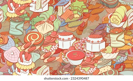 Background pattern abstract design texture. Seamless. Seafood and Snacks. Theme is about spiral, seafood, lettuce leaf, wand, jelly, dough, borscht, strung up, cake, twisted, stuffed cabbage