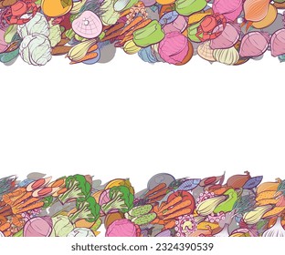 Background pattern abstract design texture. Seafood and Health food. Horizontal seamless stripes. Border frame, transparent background. Theme is about healthy food, carrot, cabbage, heads