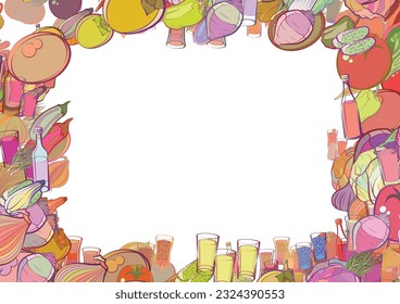 Background pattern abstract design texture. Health food and Alcohol. Border frame, transparent background. Theme is about whiskey, glass, red cabbage, cucumbers, heads, garlic head, nutritious