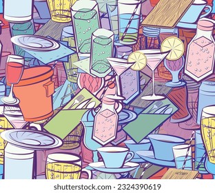 Background pattern abstract design texture. Seamless. Drinks and Table setting. Theme is about bubbles, cardboard, pepper pot, glass, table set, plastic, plate, figured glass, salt shaker