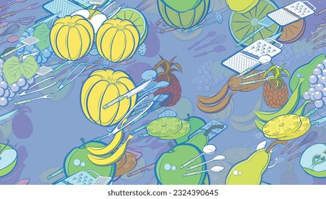 Background pattern abstract design texture. Seamless. Fruits and Cutlery. Theme is about grater, couple, ladle, grapes, spoon, meat fork, lobules, knife, whisk, whole, branch, scooped, forceps