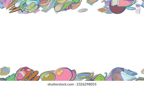 Background pattern abstract design texture. Health food and Table setting. Horizontal seamless stripes. Border frame, transparent background. Theme is about napkins, tart, Chinese cabbage