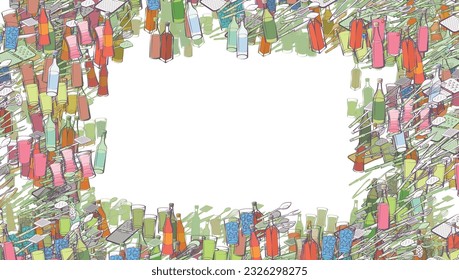 Background pattern abstract design texture. Alcohol and Cutlery. Border frame, transparent background. Theme is about multi-layered, knife, bottle, whiskey, whisk, cool, tart, strong alcohol