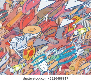 Background pattern abstract design texture. Seamless. Building tools and Repair. Theme is about workshop, spatula, sledgehammer, nailing, clogging, shine, spins up, painter, steel, paper cutter