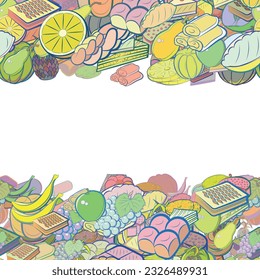 Background pattern abstract design texture. Fruits and Bakery products. Horizontal seamless stripes. Border frame, transparent background. Theme is about slices, branch, pear, leaflet, baklava