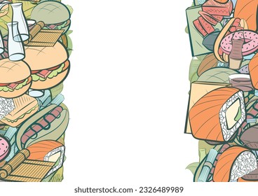 Background pattern abstract design texture. American food and Japanese food. Vertical seamless stripes. Border frame, transparent background. Theme is about potato, cutlet, waffles, roll salmon