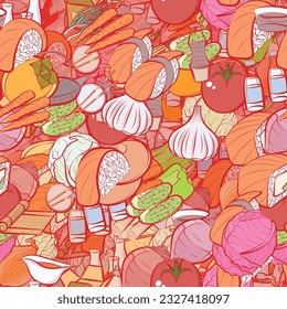 Background pattern abstract design texture. Seamless. Japanese food and Health food. Theme is about pods, bottles, sushi-roll, whole onion, roll salmon, vitamin C, kyusu, glare, spring onions