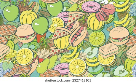 Background pattern abstract design texture. Seamless. American food and Fruits. Theme is about Apple, meat, bakery products, waffles, french fries, slices, pineapple, Hot Dog, American cake