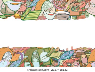 Background pattern abstract design texture. Japanese food and Seafood. Horizontal seamless stripes. Border frame, transparent background. Theme is about wok, packet, octopus, oceanic, food sticks