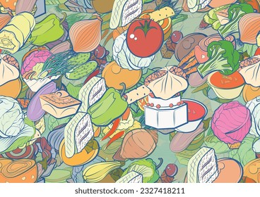 Background pattern abstract design texture. Seamless. Snacks and Health food. Theme is about peel, star, twisted filling, cucumber roll, whole garlic, pepper, Chinese cabbage, lettuce leaf