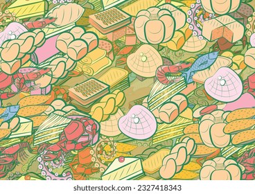 Background pattern abstract design texture. Seamless. Bakery products and Seafood. Theme is about , mini buns, roll, octopus, cheesecake, seafood, cut, nautical, sandwich, round, royal, spicy