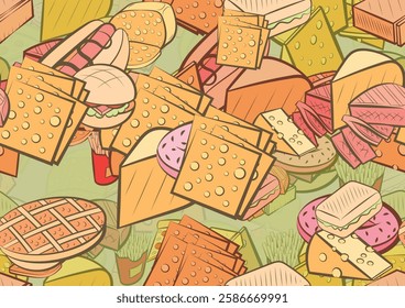 Background pattern abstract design texture. Seamless. Cheeses and American food. Theme is about hamburger, American cake, donut, bakery products, piece, Hot Dog, monolithic, piece of cheese