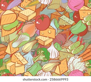 Background pattern abstract design texture. Seamless. Cheeses and Health food. Theme is about triangle, chunks, heads, in the peel, washed, eggplant, cob, fetus, tart, persimmon, slice, head of cab