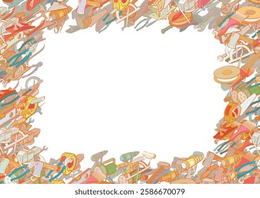 Background pattern abstract design texture. Repair and Building tools. Border frame, transparent background. Theme is about spins up, ax, folding, laying bricks, nuts, meter, concrete, knife