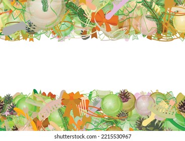 Background pattern abstract seamless design texture. Horizontal stripes. Border frame, transparent background. Theme is about evergreen, adornment, green needles, ribbons, hairpin, decorative