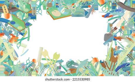 Background Pattern Abstract Seamless Design Texture. Border Frame, Transparent Background. Theme Is About Clip, Barrette, Brush, Hair Care, Hair Clips, Straight Razor, Powder, Tones, Pomatum