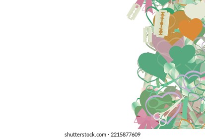 Background pattern abstract seamless design texture. Vertical stripe. Border frame, transparent background. Theme is about hearts, straight razor, embellishment, relations, hairdressing
