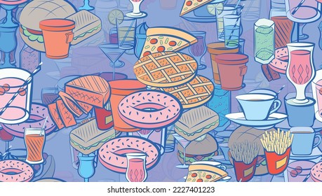 Background pattern abstract seamless design texture. American food and Drinks. Theme is about lemon, waffles, stand, kvass, drinking tube, bubbles, soda can, cut, glass, cardboard, drinking straw