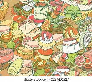 Background pattern abstract seamless design texture. Snacks and Cutlery. Theme is about potato peeler, tartlet, stick, sausage, wand, holes, biscuit, caviar, cake, crab meat, bacon, liquids