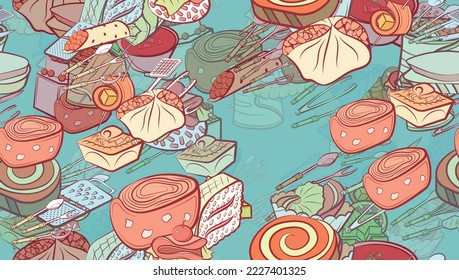 Background pattern abstract seamless design texture. Snacks and Cutlery. Theme is about potato peeler, sugar, wrapped up, salmon, rice, twisted filling, spatula, cream, wand, twisted, scoop