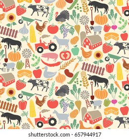 background pattern with agricultural icons (farm, windmill, tractor, cow, chicken, pig, sheep, goat, bull, vegetables, fruits, spade, shovel, fence)