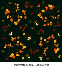 Background pattern autumn mushrooms foliage rowan