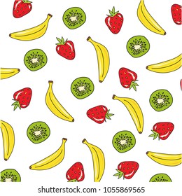 Background pattern with bananas, kiwi and strawberry