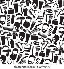 background pattern with barber salon or shop icons (shaving tools collection, comb, mustache, scissors, shears, haircut, razor, lotion, pole, hair dryer, chair, beard, cream) 