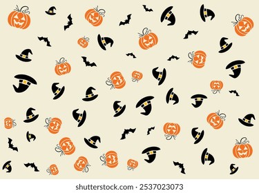 background, pattern, beige background with elements of different sizes of pumpkins, bats and witch hats, background for halloween