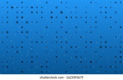 Background pattern from black dots and circles of different size and shades. Vector illustration on blue background with stars