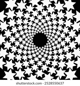 Fondo, patrón, patrón en espiral blanco y negro. Ilustración de semitono centrado redondo. Estrella, rotación, feriado, postal, invitación.