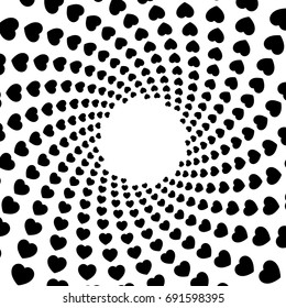 Background, pattern, black and white spiral pattern. Round centered Halftone illustration. Heart, postcard, invitation, wedding.