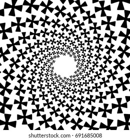Background, pattern, black and white spiral pattern. Round centered Halftone illustration. Cross, figure, geometry, petal.