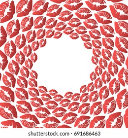 Background, pattern, black and white spiral pattern. Round centered Halftone illustration. Lips, kiss, red, lipstick.